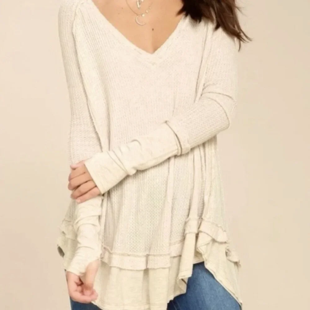 We‎ The Free People Laguna Thermal Waffle Oversized Top Oatmeal M Boho Grunge